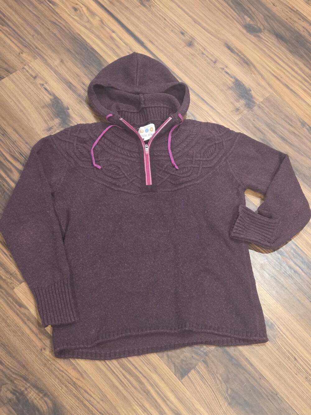 Title Nine Womens L Wool Blend Cable Knit Hooded Sweater Pullover Plum Burgundy